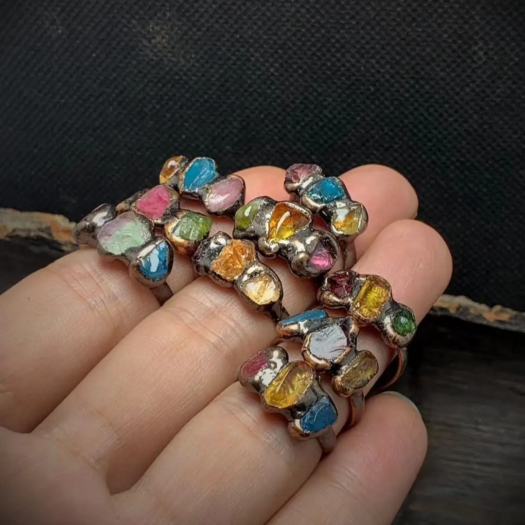 

10PCS BOHO Hand Soldered Natural Raw ORE Crystal Quartz Tree Stone Adjustable Rings For Women MY230619