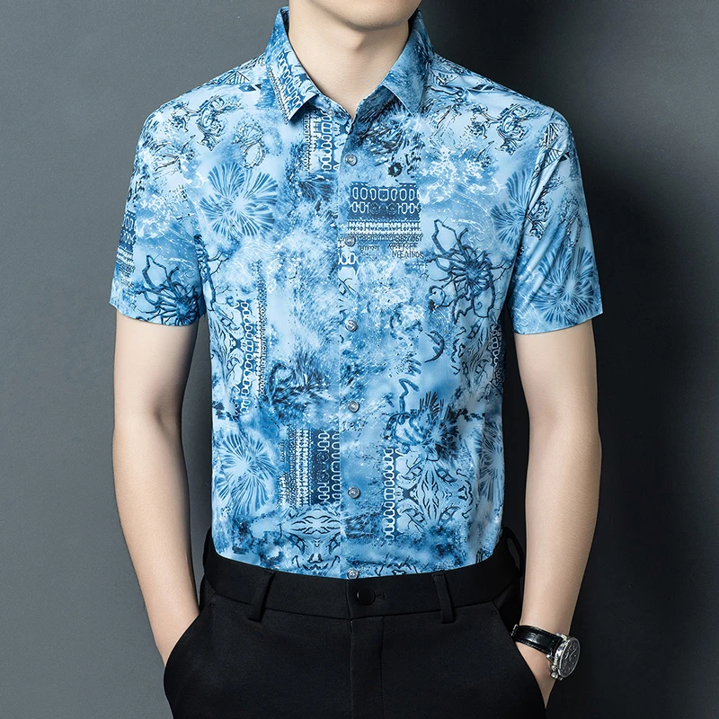 

Breathable Silky Shirts For Men Short Sleeve Regular Fit 3D Print Summer Quality Soft Comfortable Casual Lapel Camisas De Hombre