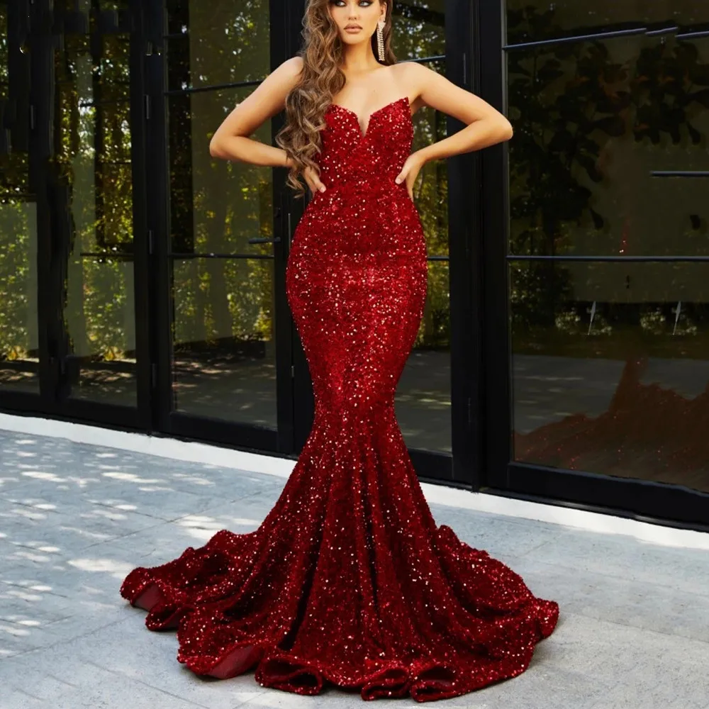 

Vinca Sunny Sexy Off Shoulder Sequin Party Night Mermaid Evening Dresses Long Sparkly Sweetheart Neck Prom robes de soirée