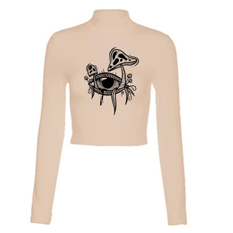 Gothic Personalized Eye Pattern T-Shirt for Women Long Sleeves Slim Sexy Backless Crop Top Retro Casual Fashion Female Basic Tee