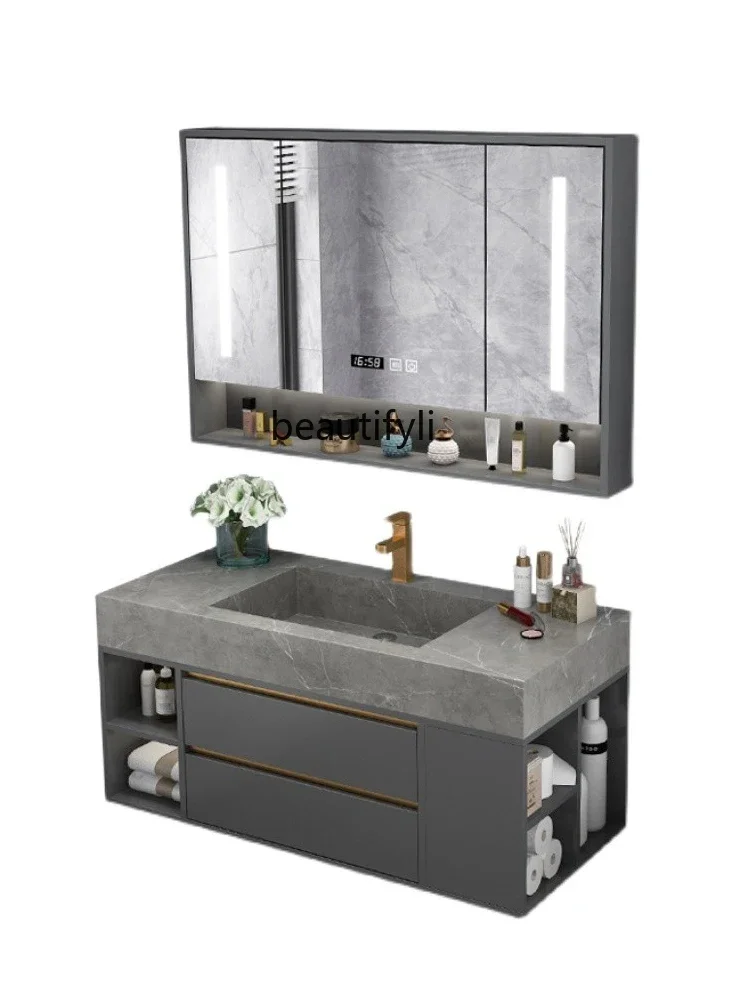 

Modern Stone Plate Integrated Inter-Platform Basin Bathroom Cabinet Combination Nordic Light Luxury Smart Sink Bathroom