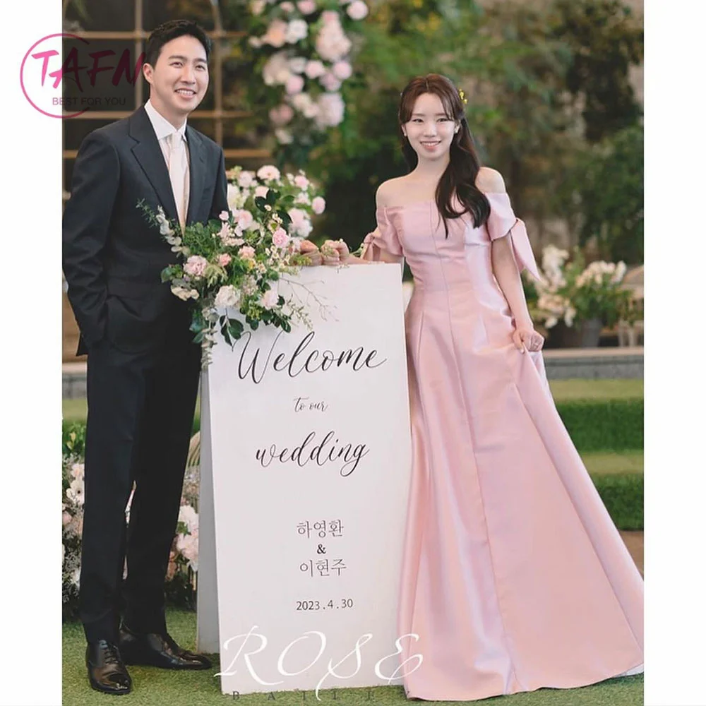 TAFN Pink Boat Neck Evening Dresses A-line Off the Shoulder Korea Wedding Reception Dresses Elegant Bridal Gown Customized