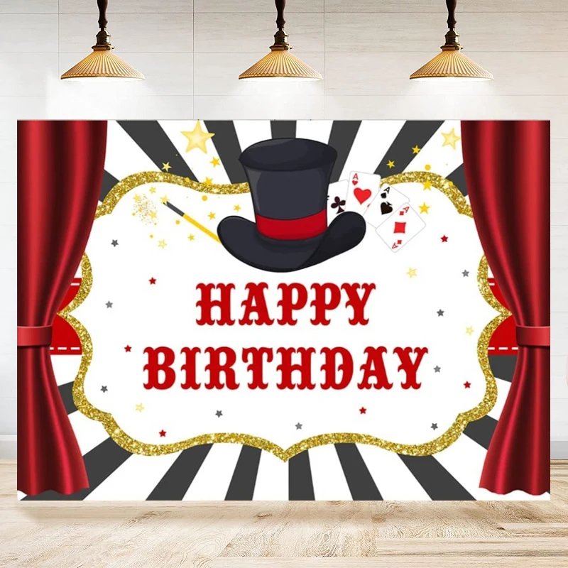 Magic Show Happy Birthday Photography Backdrop For Magician Red Curtains Background Poster Magic Trick Black Hat Gold Stars