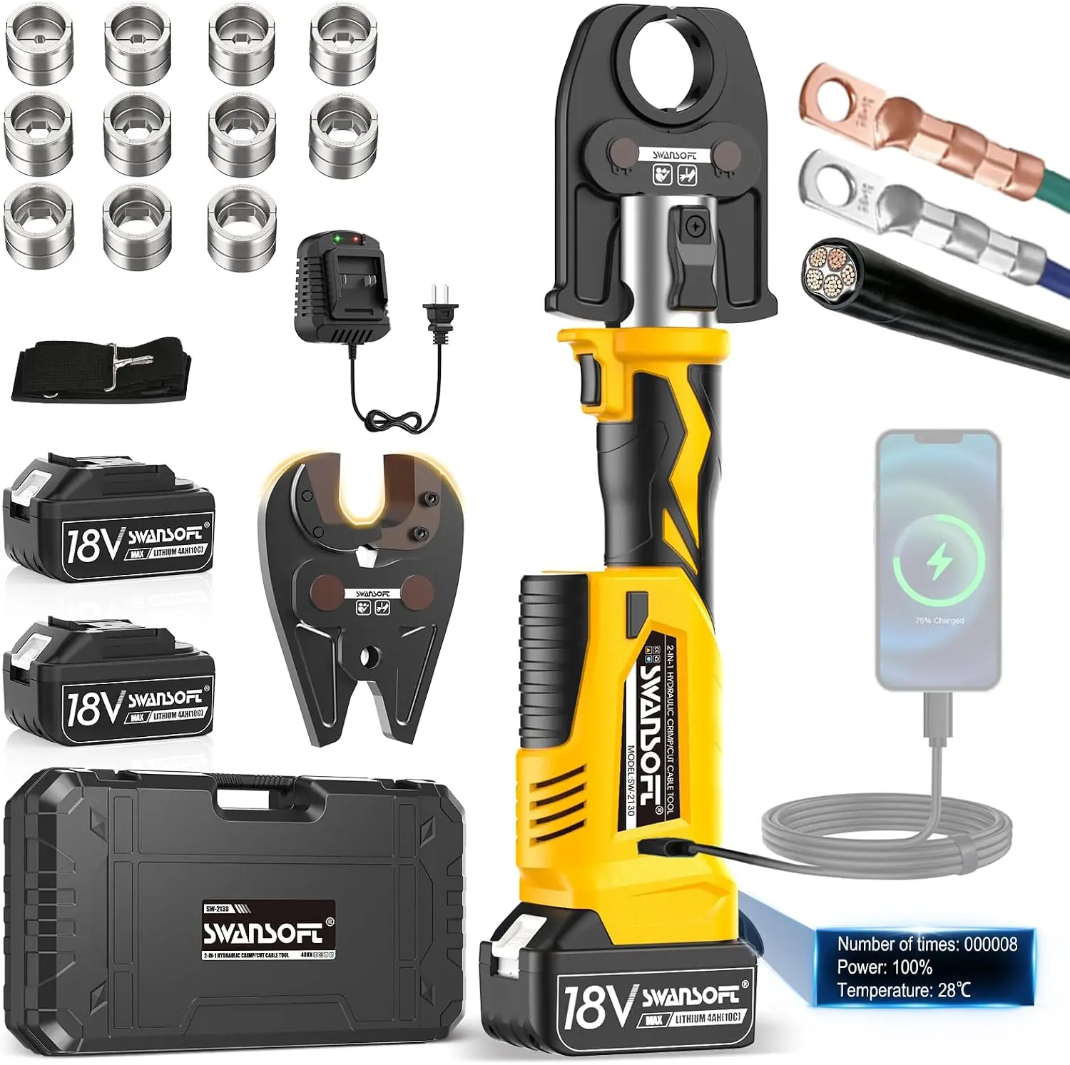 SWANSOFT 2-in-1 Hydraulic Electric Cable Crimping/Cutting Tool 5Ton Continuous Crimp with 6AWG-600MCM 11 Dies, Battery-Powered Wire Crimper Cutter, Cordless Kit for Cu/Al Terminal Lug