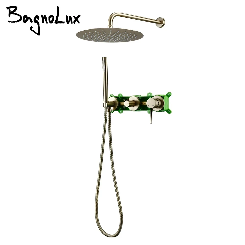 

Bagnolux Wall Mounted Brass Brushed Gold Water Contral Valve Rain Shower Head Handheld Holder Hose Bathroom Faucet