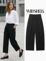 Willshela, pantalones de pierna ancha plisados con cremallera frontal lisa a la moda para mujer, pantalones Vintage de cintura alta de longitud completa para mujer, pantalones elegantes para mujer
