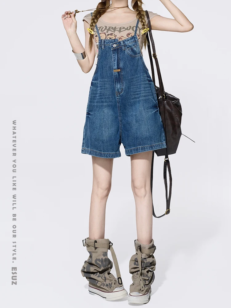 

American Retro Distressed Denim Overalls Women Summer New Loose Wide Leg Jumpsuit Casual High Waist Cotton Blend Jeans