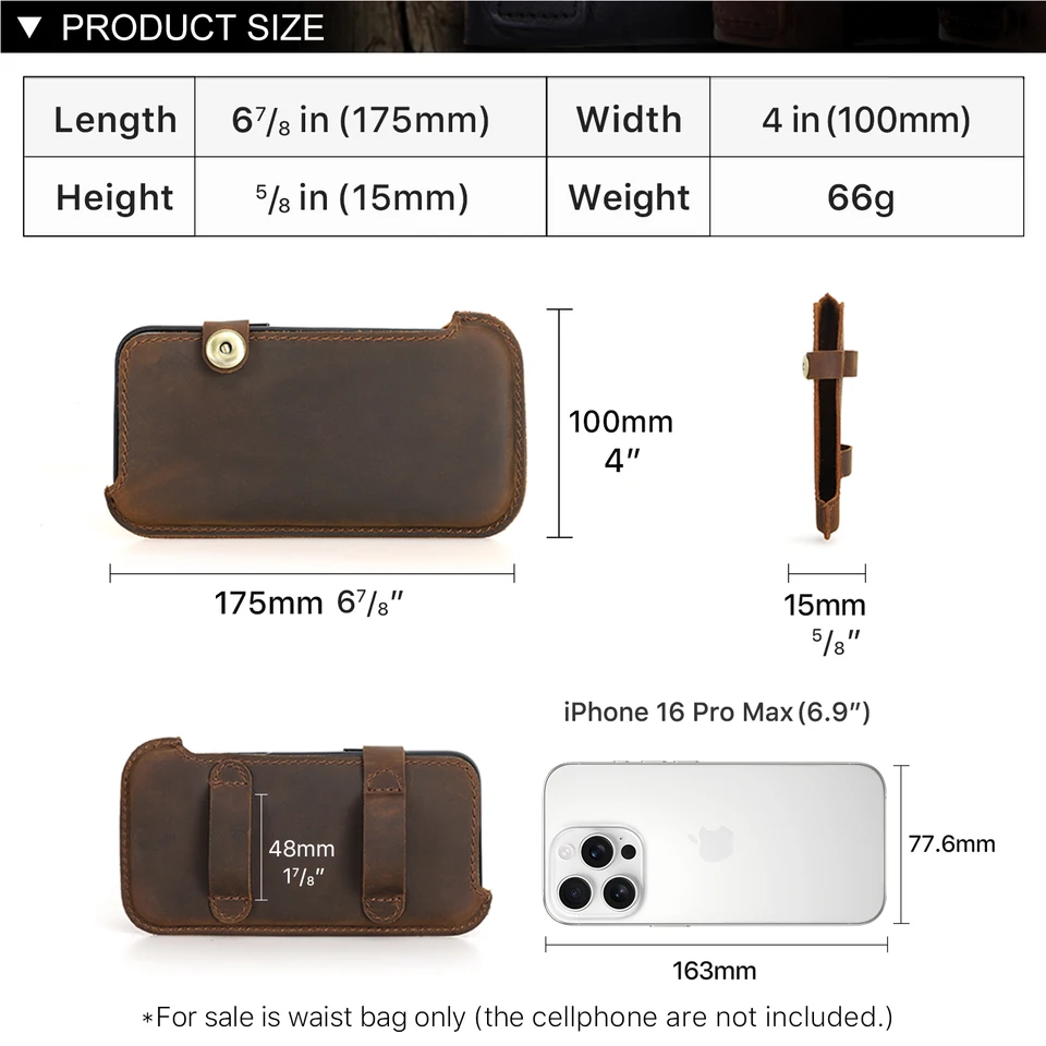Funda de cuero genuino para hombre con clip para iPhone 17 16 15 14 Pro Max 6.9 pulgadas bolsa de cintura para viajes y campamento 5