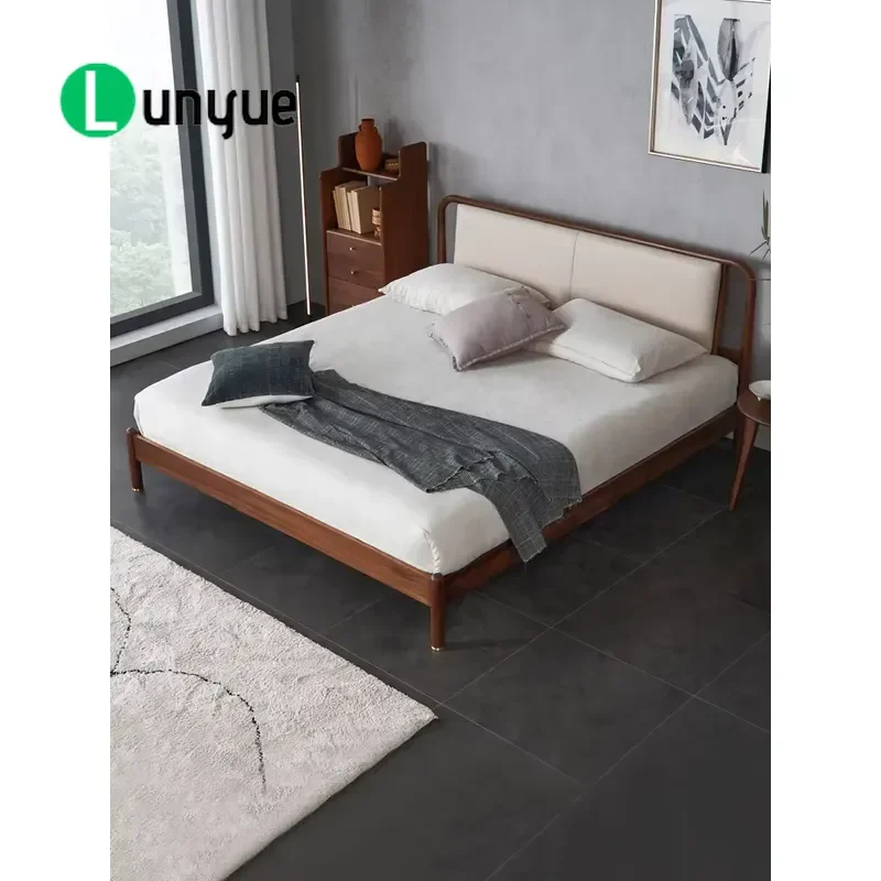 Modern Solid Black Walnut Full Size Bed Frame Eco-Friendly Upholstered Headboard Bedroom Furniture
