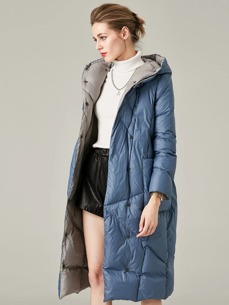 Long Puffer Coats for Women, Hooded Jacket, Lightweight, Loose Down Jacket, Color Clash, Casual Classy Parka, Warm Feather Coats