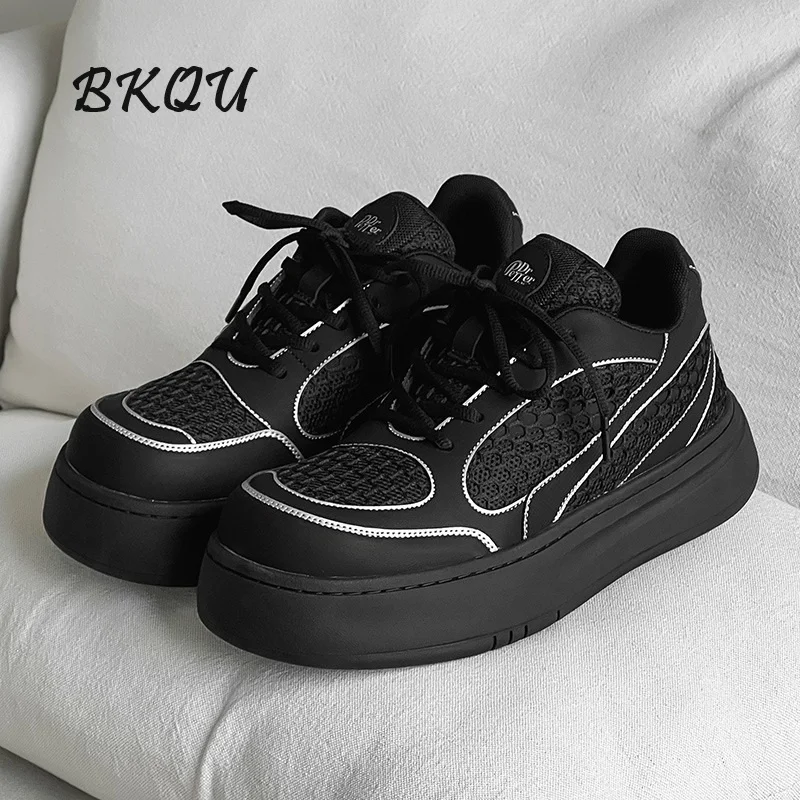 BKQU Autumn New 2024 Breathable Mesh Surface Thick Sole Increase Casual Board Shoes Bread Shoes Men and Women The Same Students