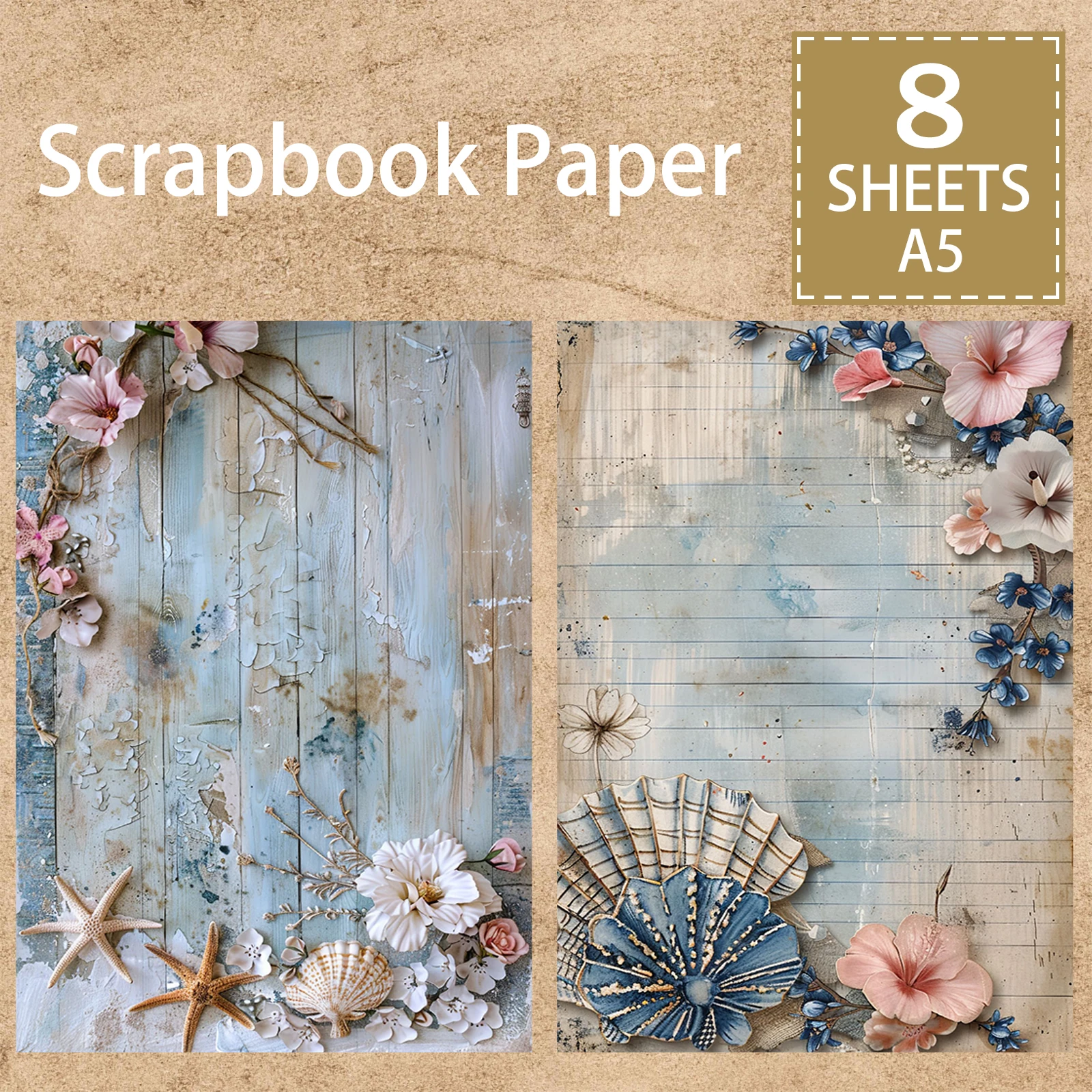 8 Sheets A5 Size Beach Cracked Wood And Shell Collage Background Vintage Grunge Journal Planning Scrapbooking