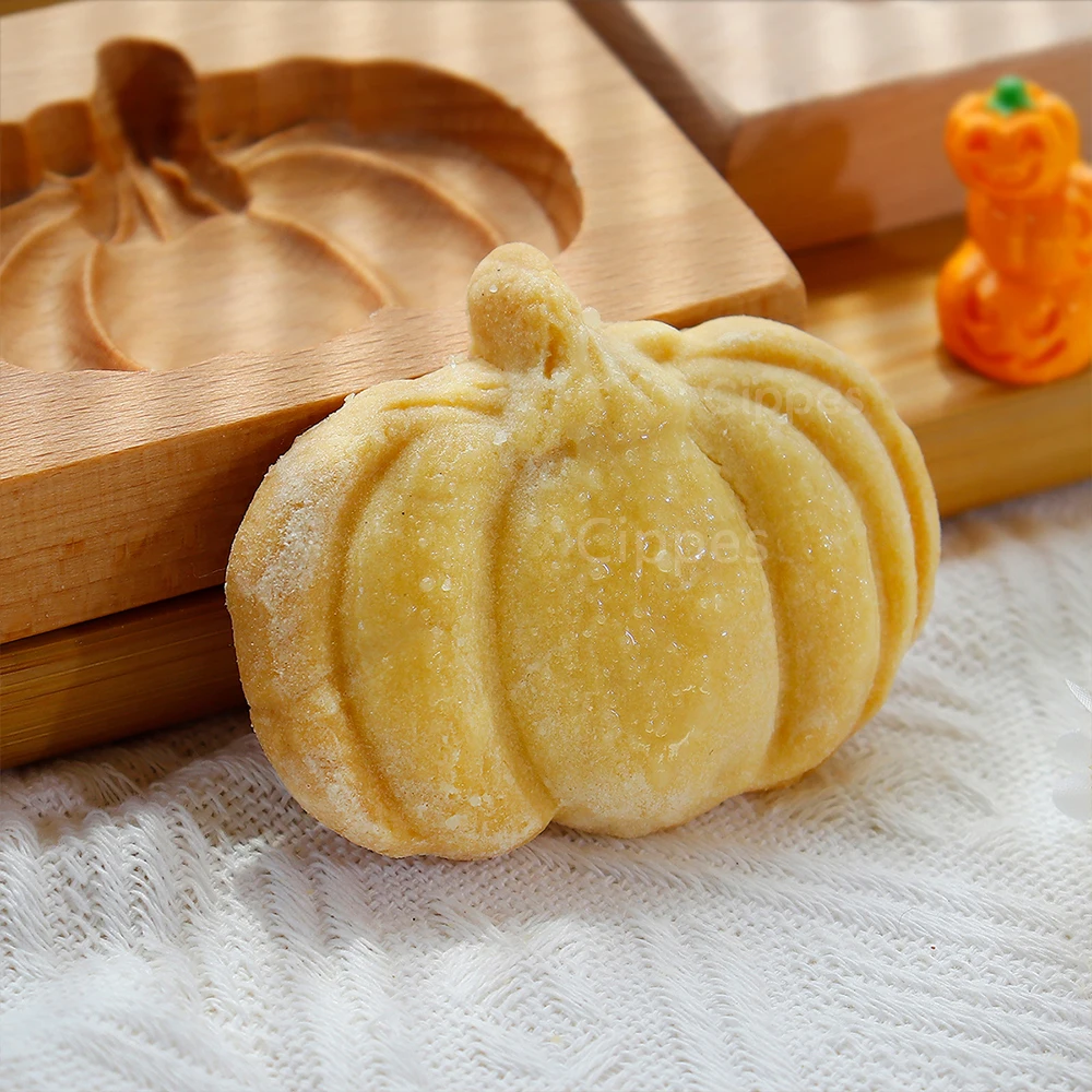 Holz-Kekspresse zum Backen, 3D-geschnitzter Lebkuchenstempel aus Buchenholz, Halloween-Kürbis-Geist-Prägeform für Kekse – Detail 3