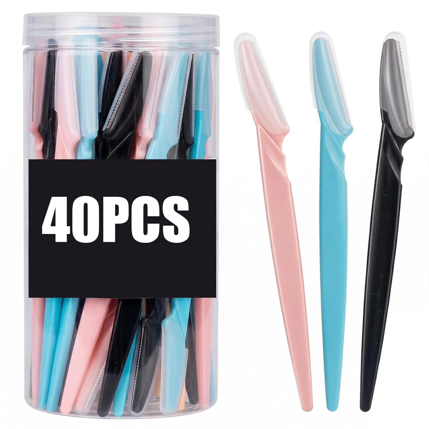 40-Piece Set of Women's Eyebrow Razors, Facial Shaving Kit, Microdermabrasion Tools for Removing Fine Hair, Stainless Steel Blades with Protective Covers |   Eyebrow Trimmer, Facial Hair Removal Tool (Black, Blue, Pink)