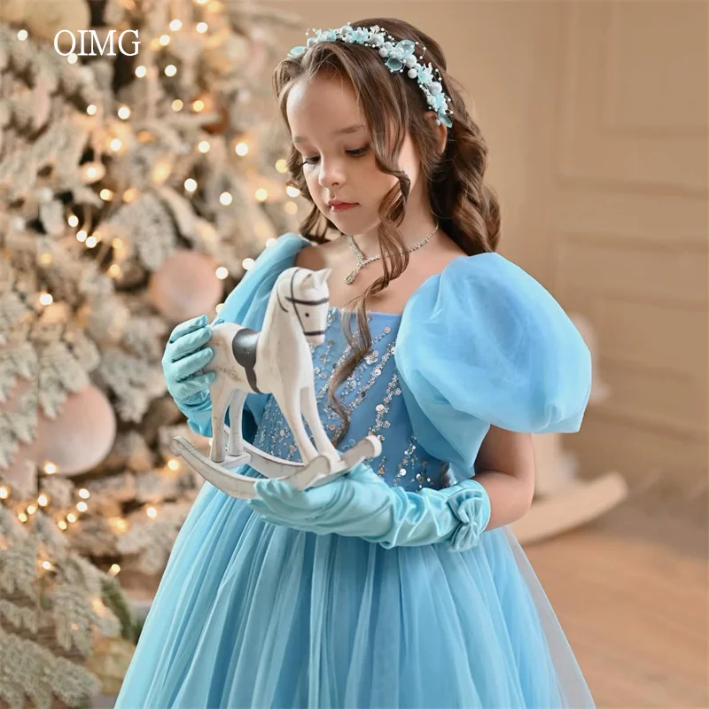 

OIMG Blue Princess A-line Flower Girl Dresses Puff Sleeves Sequined Wedding Party Gown Floor Length Birthday Dress Customized