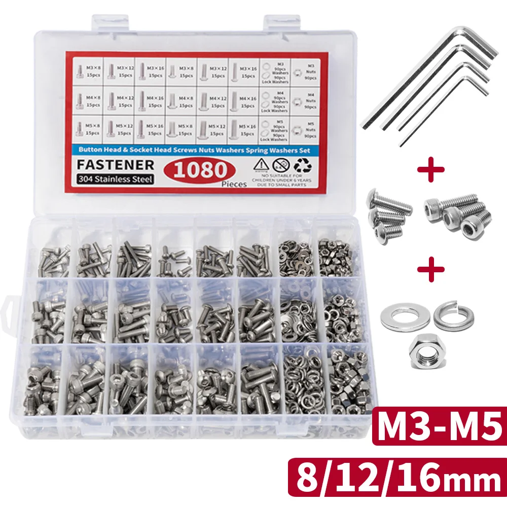 1080PCS Nuts and Bolts Assortment Kit  M3 M4 M5 M6 Screw Set Button Head & Socket Head Metric Screws 304 Stainless Steel Silver