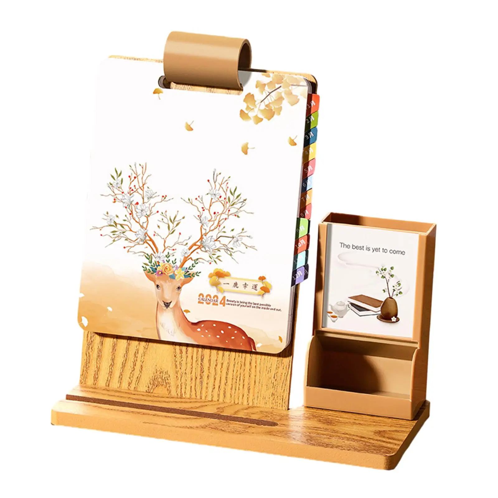 Маленький настольный календарь 2024 с держателем для ручек, держатель для телефона, флип-календарь из дерева, настольный календарь из толстой бумаги, памятные страницы, стоячий флип