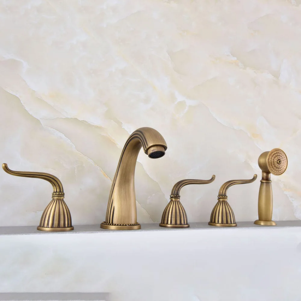 Antique Brass Deck 5 Holes Bathtub Mixer Faucet Handheld Shower Widespread Bathroom Faucet Set Water Tap Ltf242