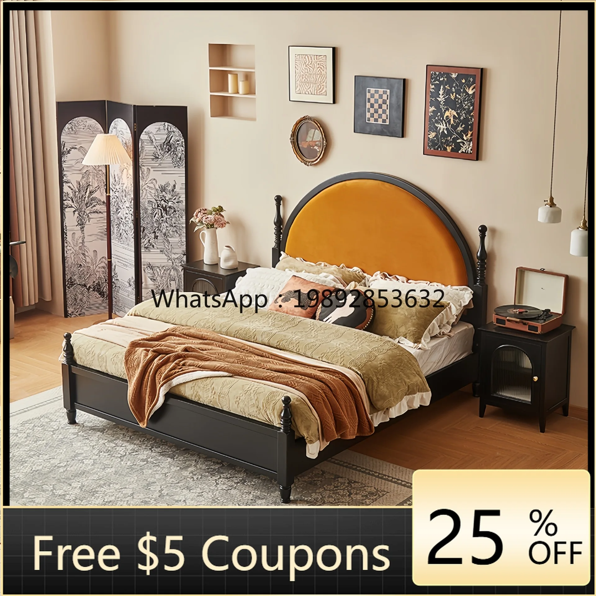 1YFY Retro French Paris Bed 1.8m Solid Wood Bed Master Bedroom Double Bed American Round Head