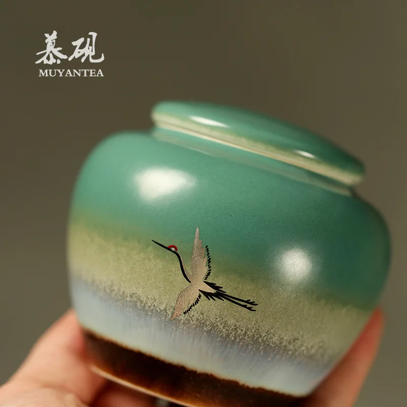 Muyan Canister, Small Jingdezhen Hand-Painted Auspicious Crane Set, Canister For Home Use, Moisture-Proof Tea Storage Container,