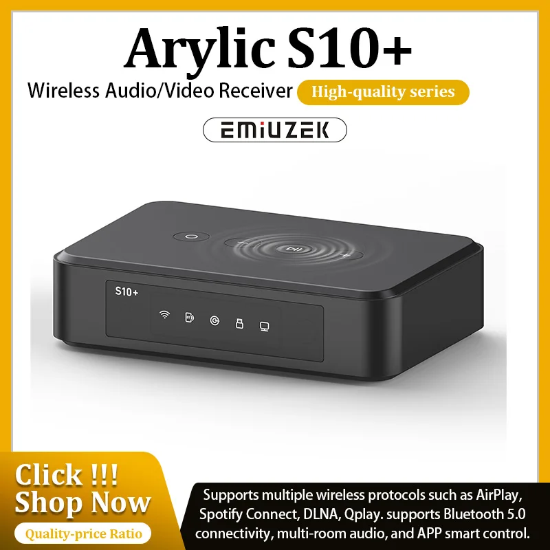 Arylic S10+ Wireless Music Streamer 3.5mm Jack Aux Bluetooth Audio Receiver for PC Audio Jack Adapter AUX Wireless for Multiroom