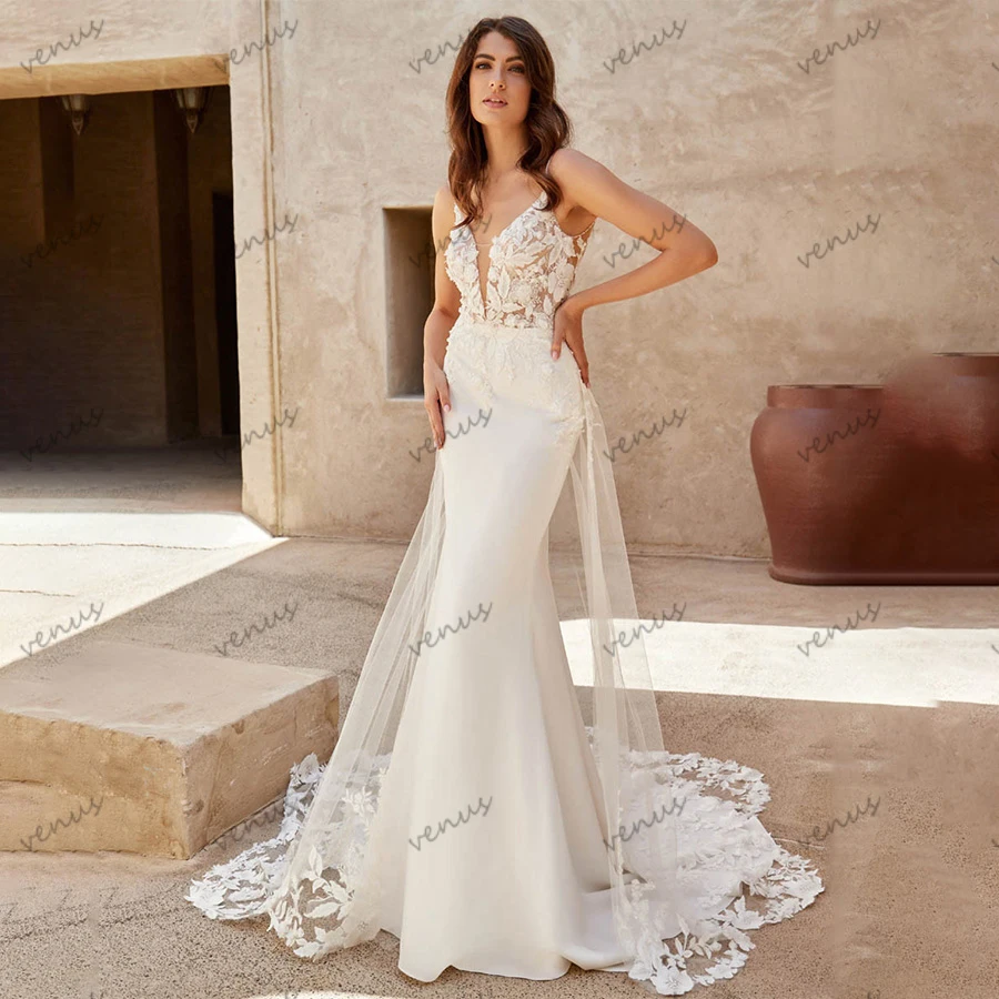 Graceful Wedding Dresses For Women 2024 V-Neck Satin Bridal Gowns Lace Appliques Sleeveless Backless Robes Vestidos De Novia