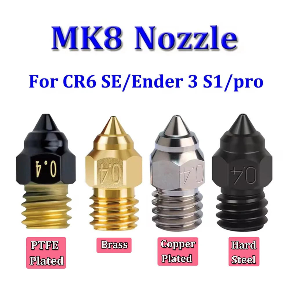 CR6 SE/Ender3 S1 Hard Steel MK8 Nozzle Brass Nozzle Brass plated with PTFE For Ender 5 /Ender-3 S1 Pro 3D Printer Parts