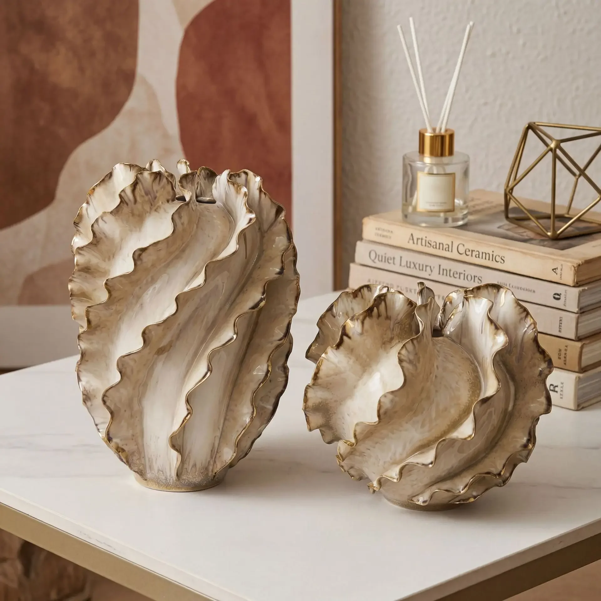 Creative Handmade Ceramic Vase Shell Pleated Pattern Handmade Ceramic Jar Flower Vase Flower Arrangement Home Decoration