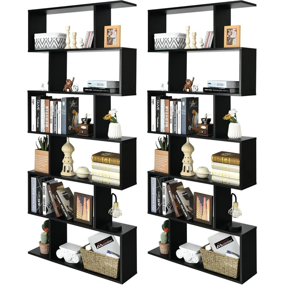 Pair of S-Curved Wooden Bookcases, 6-Tier Contemporary Standing Storage Shelves for Bedroom Decor