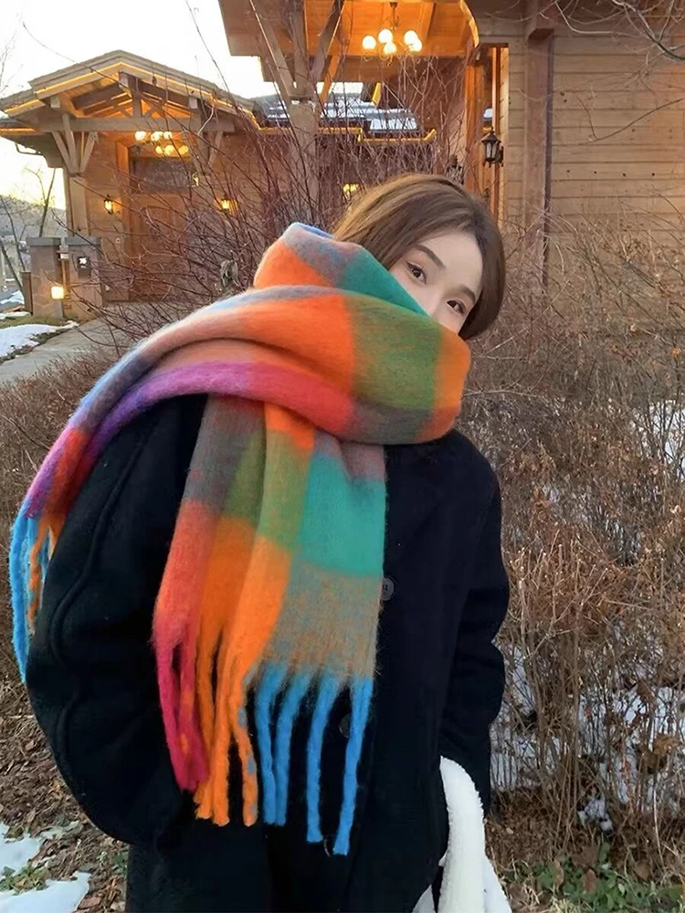 

Японский 2025 новый зимний Радужный шарф, шарф премиум-класса, женский корейский клетчатый шарф, теплая универсальная шаль для пары-подростков