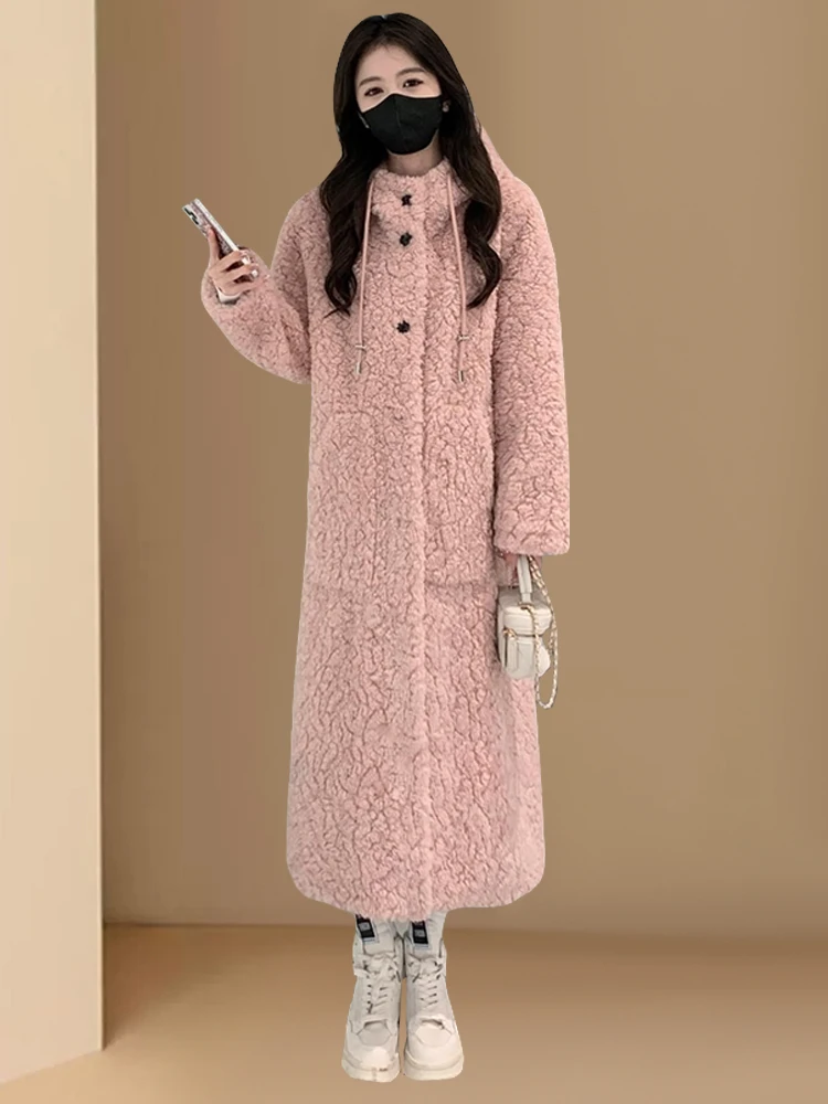 Pink Mid-Length Fur And Leather Coat Women's Loose Fit Hooded Thick Warm Outerwear Commute Style Non-Removable Hat Long Sleeve
