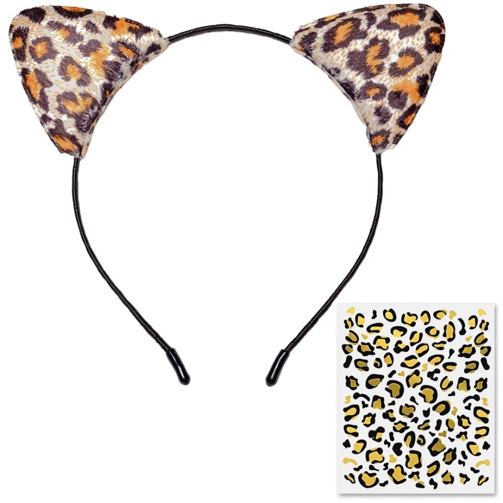 Funcredible Leopard Ears Headband with Tattoos - Cheetah Ear Headbands and Temporary Halloween Headband for Adults and Kids