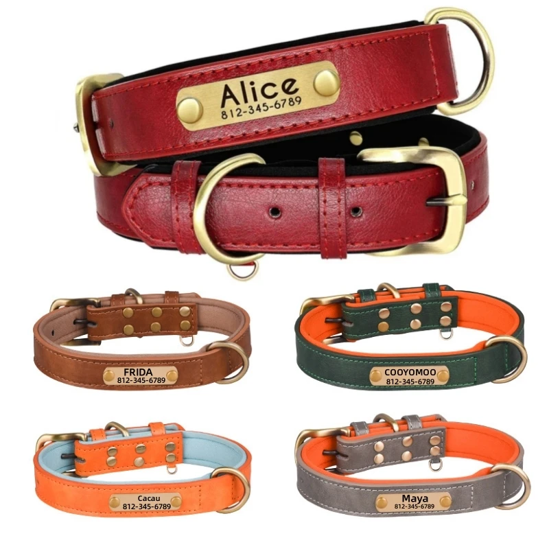 Customized Leather ID Nameplate Dog Collar Adjustable Soft Padded Dogs Collars Free Engraving Name for Small Medium Large Dogs