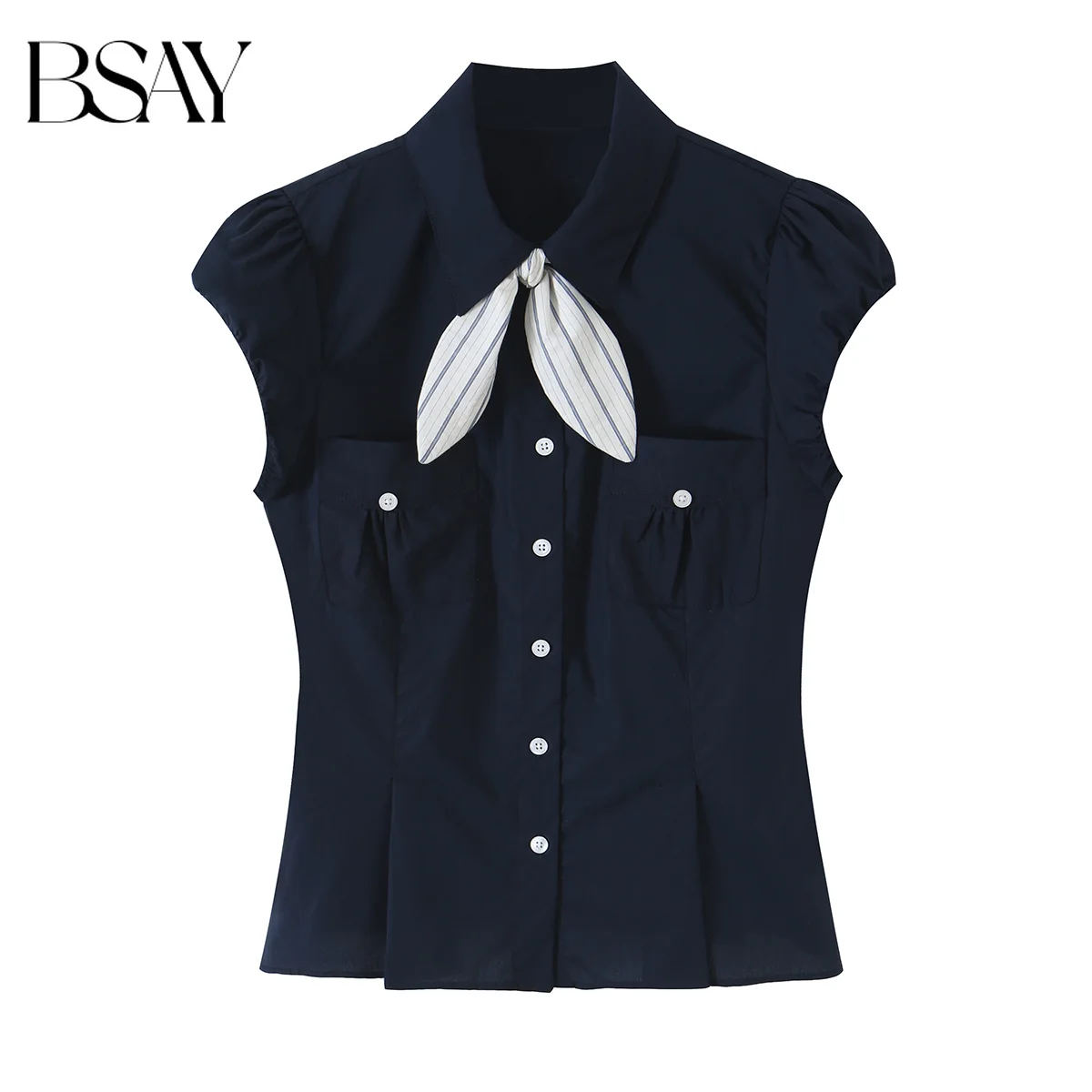 BSAY Elegant Office Women Lapel Collar Shirt Removable Striped Bow Tie Cap Puff Short Sleeve Dual Pockets Slim Fitted Blouse Top