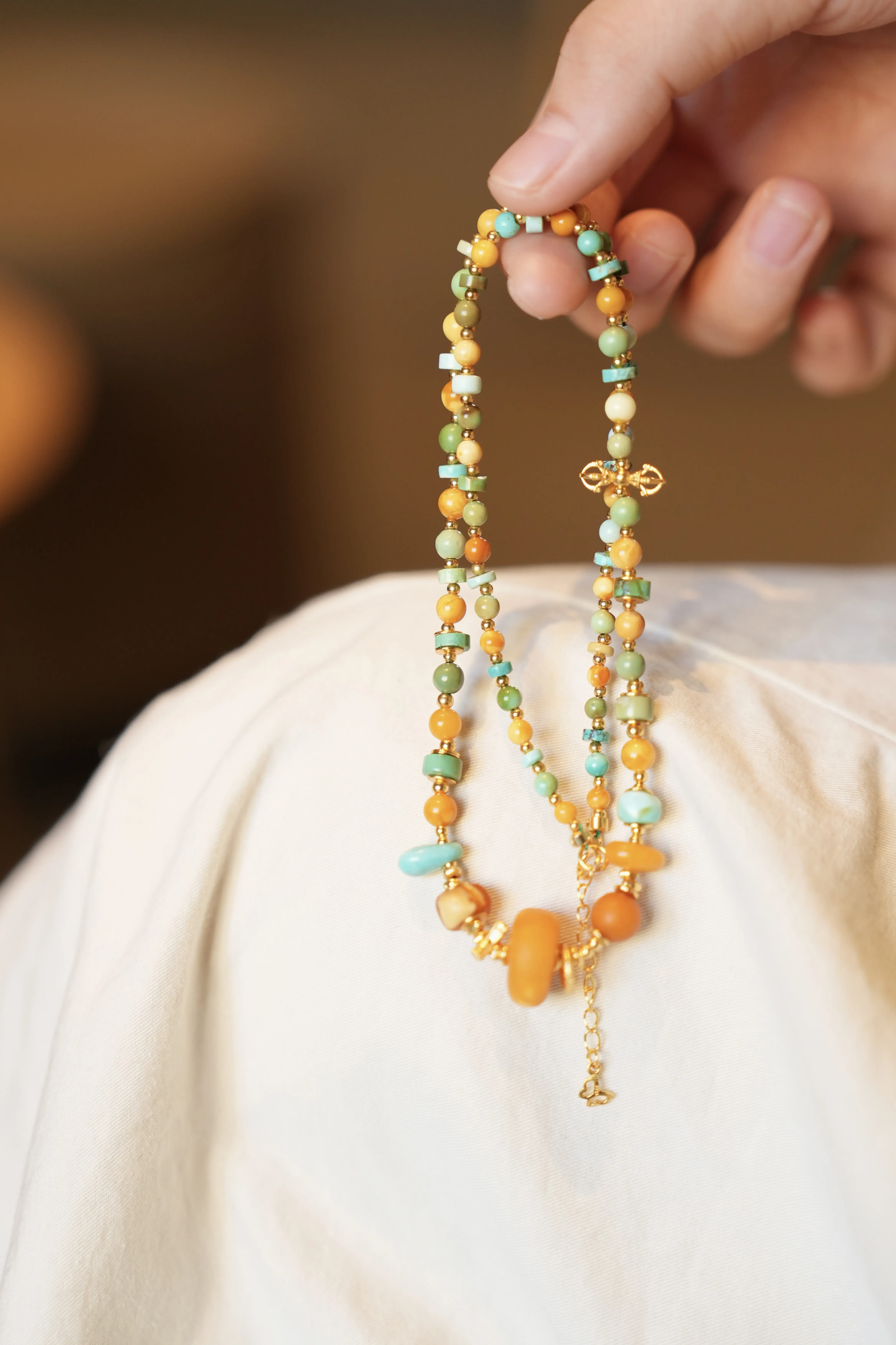 

Natural Turquoise Beeswax Necklace, Raw Ore Blue-Green Tones, Multi-Gemstone Beads, Vajra Pestle