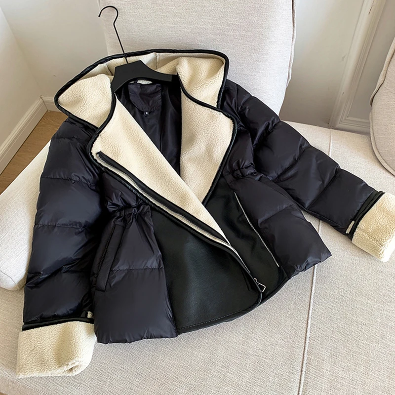 Schinteon Women Lambswool White Duck Down Jacket with Hood Autumn Winter Warm Outwear Casual Patchwork Coat European Style