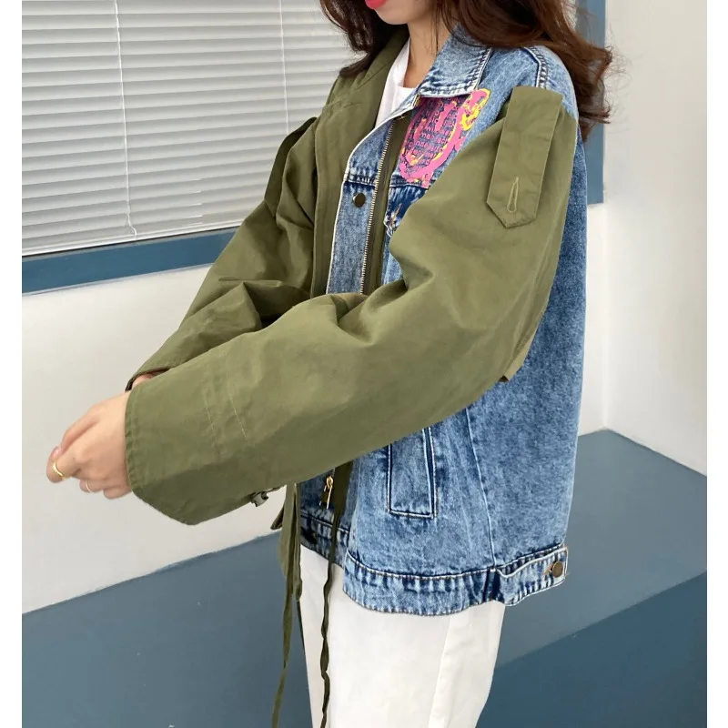 الاتجاه ربيع الخريف الدنيم المرقعة سترة طباعة سترة اسكواش الشارع الشهير كل مباراة فضفاضة الدنيم سترة المرأة بأكمام طويلة