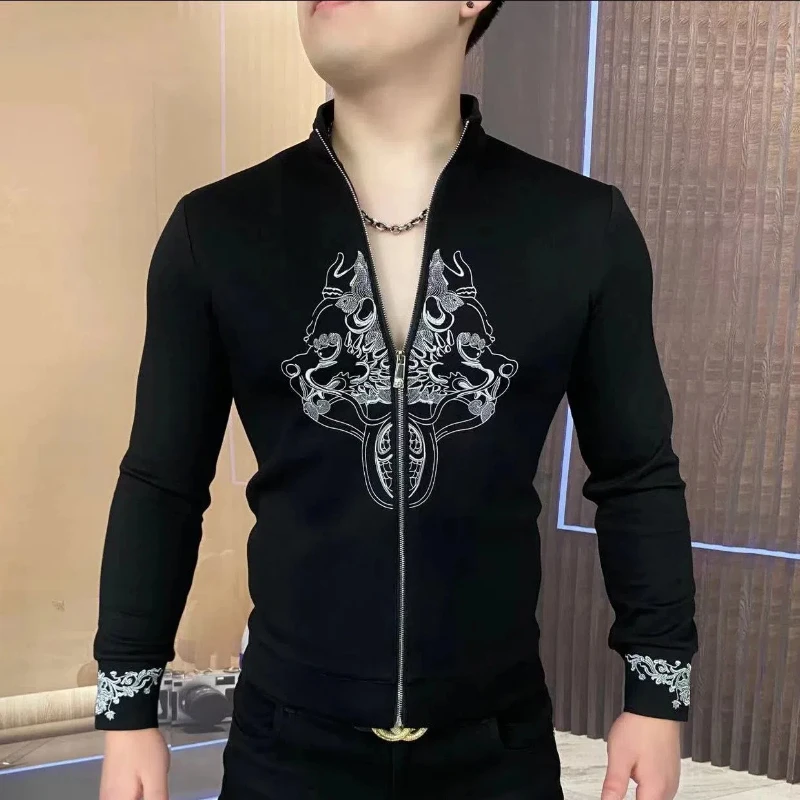 

Men's New Style Chinese Style Standing Collar Printed Dragon Autumn Men' Long Sleeved Casual Handsome Slim Fit Men's Clothing