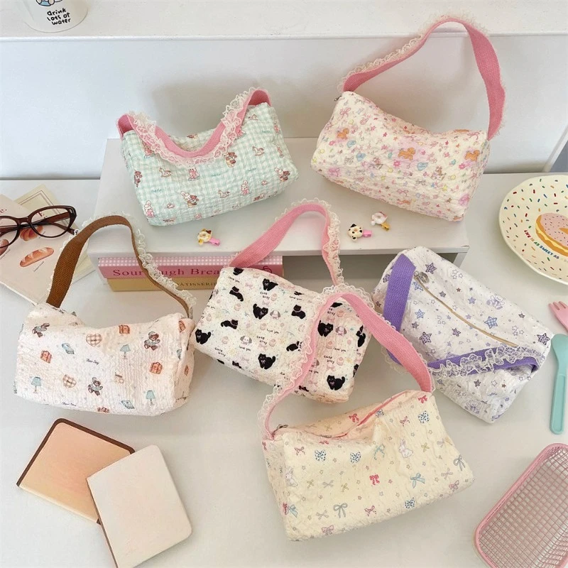 

Women Cute Lece Handbag for School Girl Shopping Beach Purse Case Cartoon Embossed Lace Canvas Tote Purse Storage Bag
