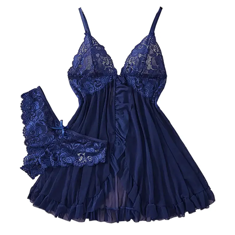 

Хит продаж: Сексуальная и модная женская ночная сорочка из кружева с V-образным вырезом, бантом-бабочкой и трусиками, однотонная.