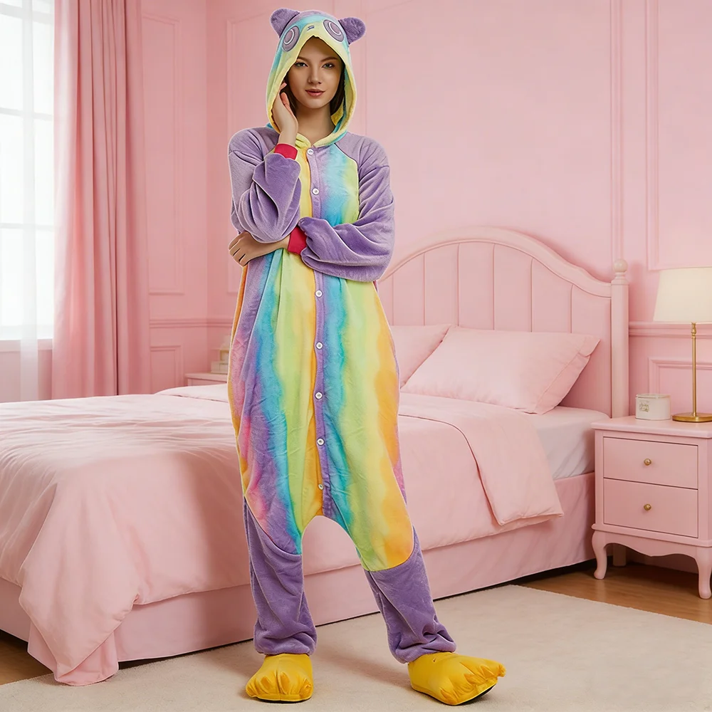 Kigurumi Colorful Rainbow Panda One Piece Pajamas Party Cosplay Costume Flannel Warm Onesies Plush Cartoon Cute Animal Sleepwear