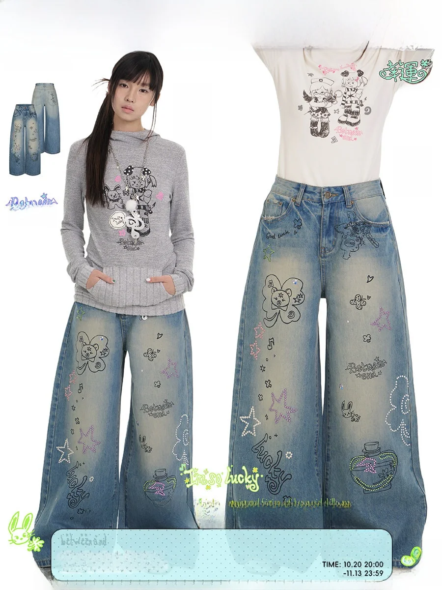 BENAND Millennium Waji Graffiti Illustration Rhinestone Slimming Loose Heavyweight Long Jeans Women's Washed Denim Jeans