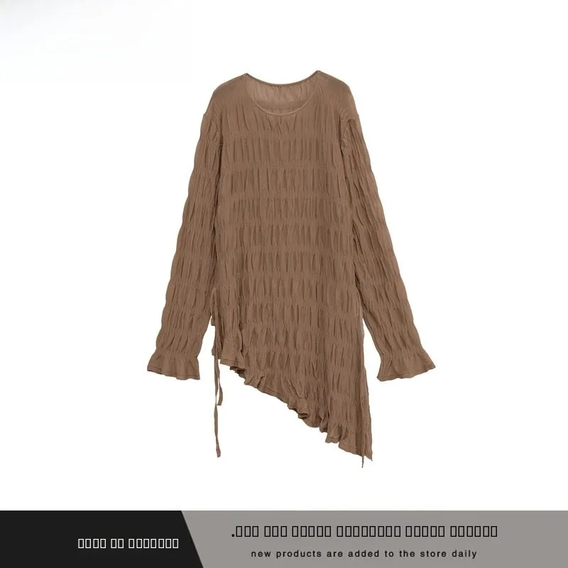

Faionable Knitted Long Sve round Ne Pleated Women's Top Belted Casual Loose Polyester Fiber Breathable Comfortable