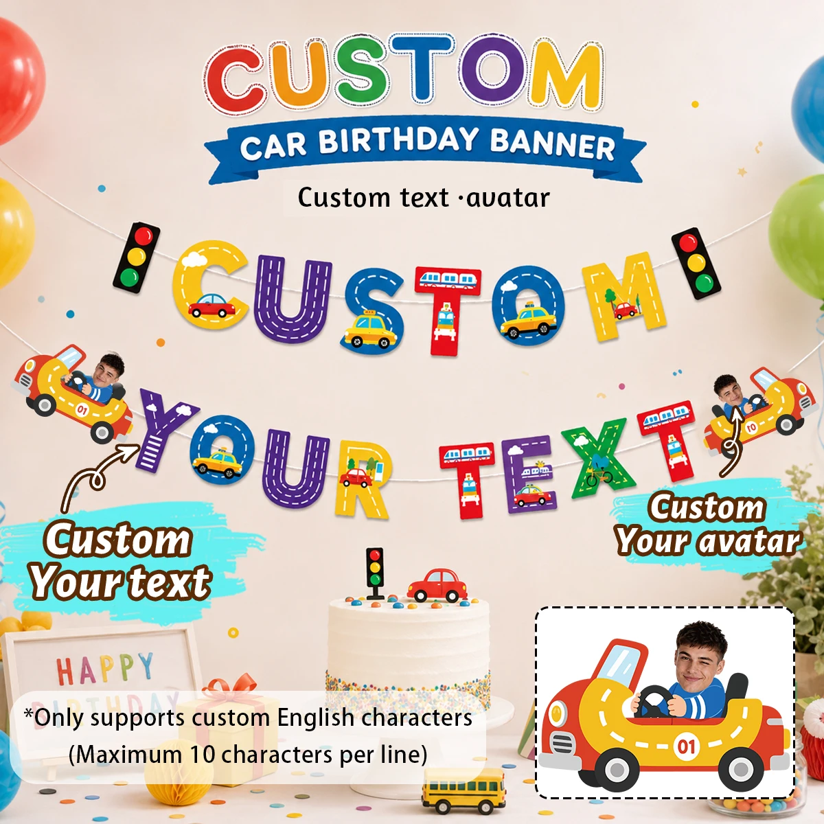 Custom letter party decorations, holiday celebration party decorations and gifts, cartoon car decorations.
