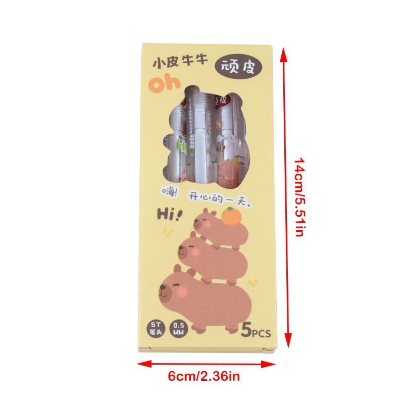 Capybara Cartoon Gel Pen, Escrita de Secagem Rápida, Papelaria Estética Suave, Escritório e Material Escolar, Moda Kawaii, 5Pcs