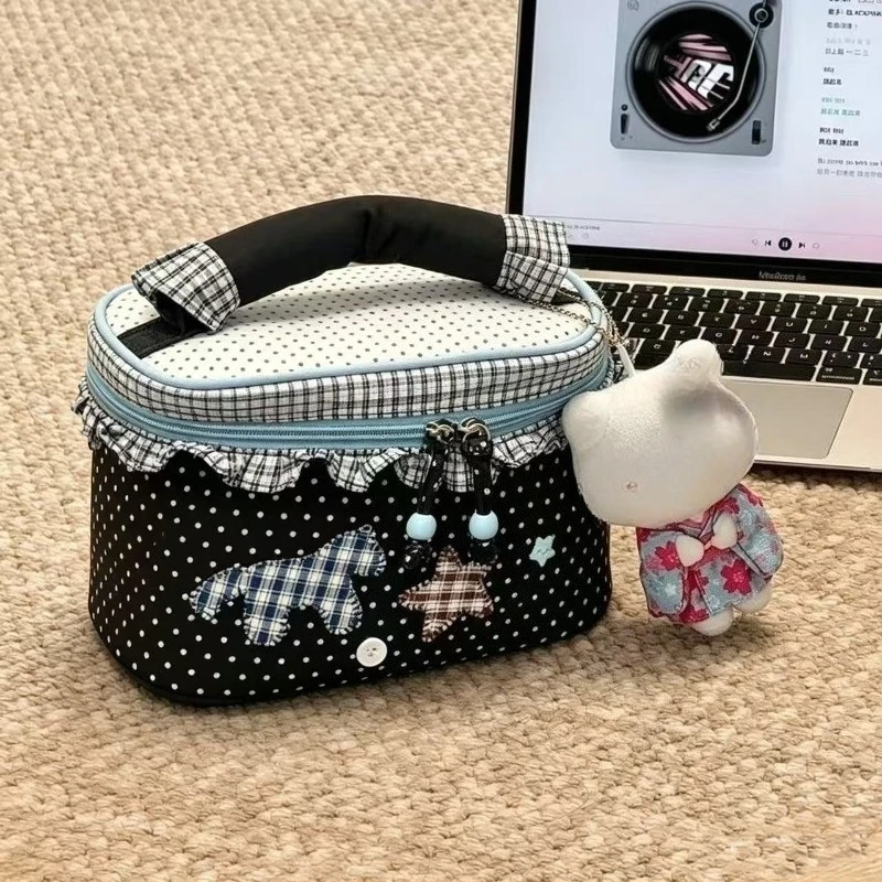 Cute Polka Dot Makeup Bag Large Capacity Handheld Cosmetic Storage Bag Multi‑Layer Travel Toiletry Bag Ins Style Makeup Pouch