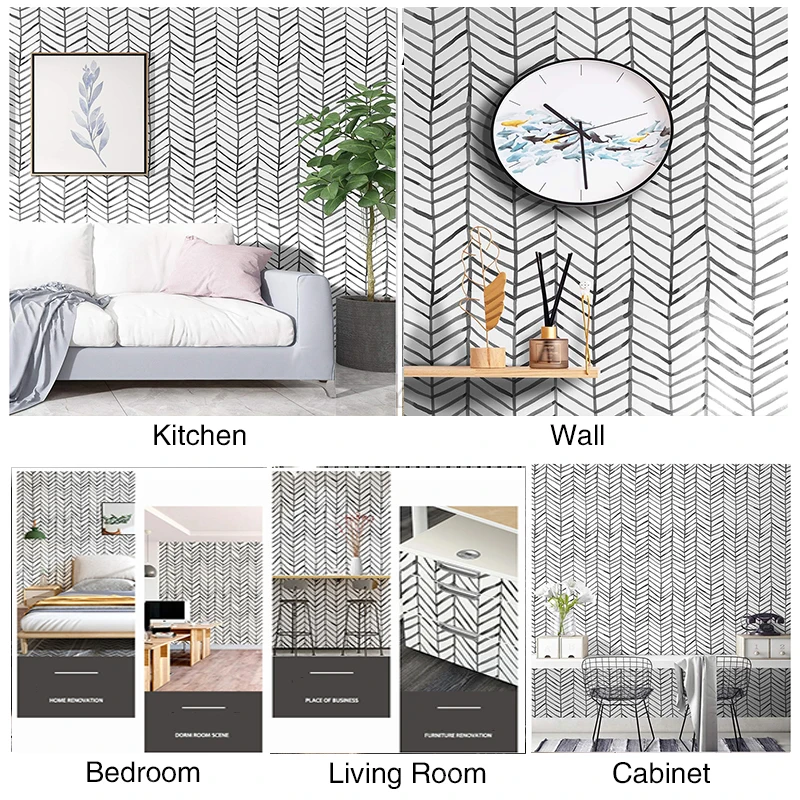 Boho Peel and Stick Wallpaper Stripe Herringbone Black White Vinyl Self Adhesive Room Decor Contact Paper 45cm wide