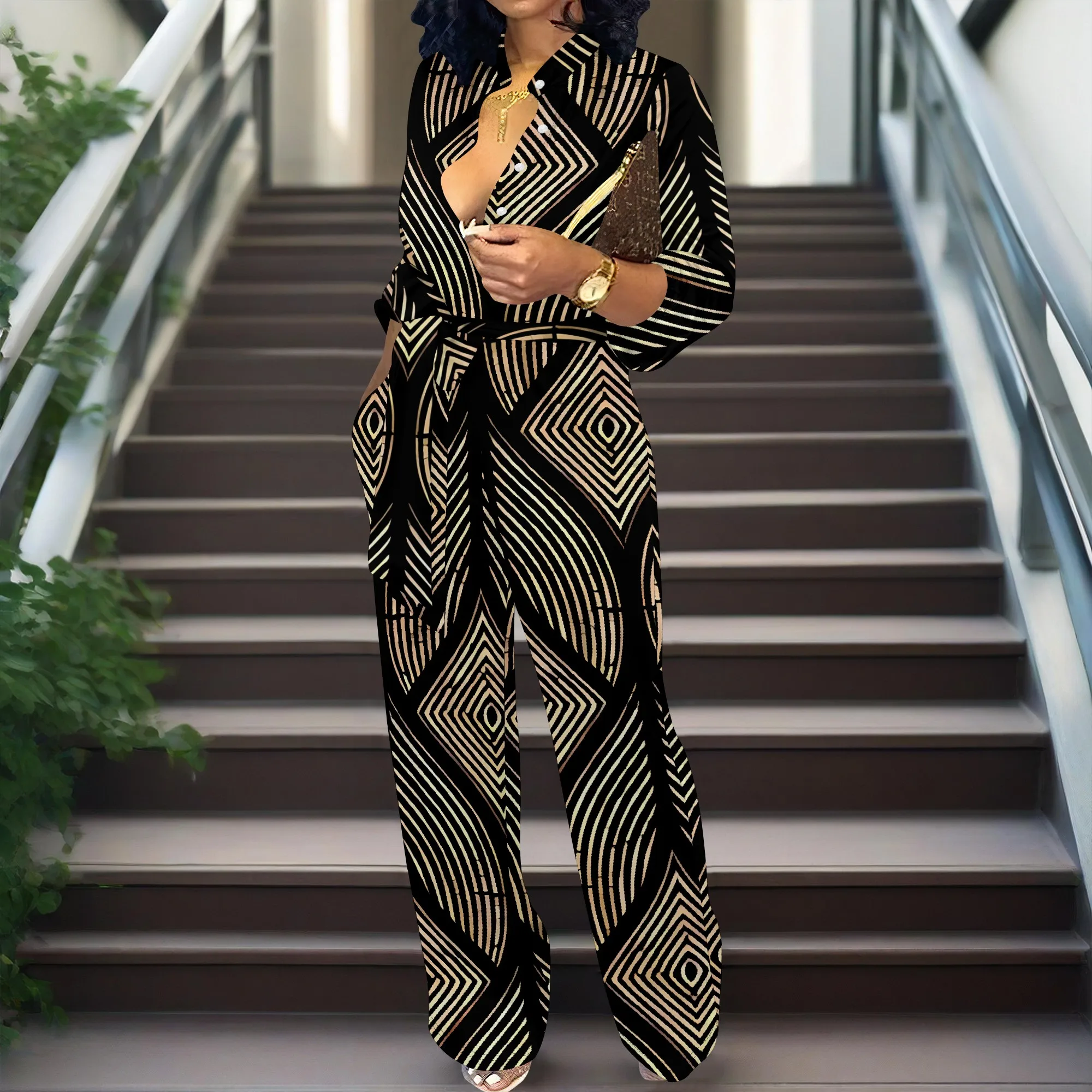 بدلة قفز Nupusa بطباعة هندسية للنساء مقاس قياسي صيفي كاجوال بياقة قميص نصف كم