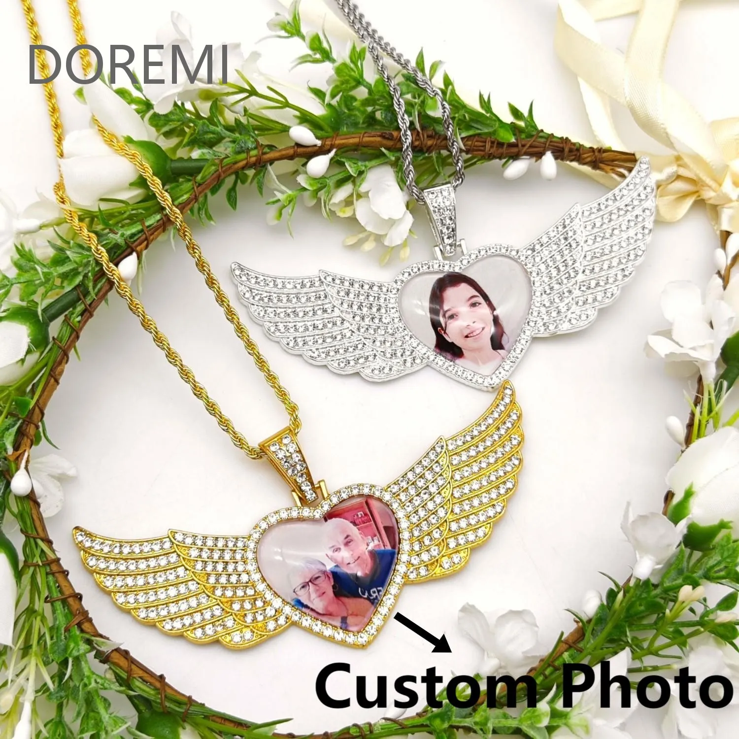 

DOREMI Custom Memorial Keepsake Hip Hop Photo Pendant Personalized Diamond Studded Angel Wings Photo Necklace