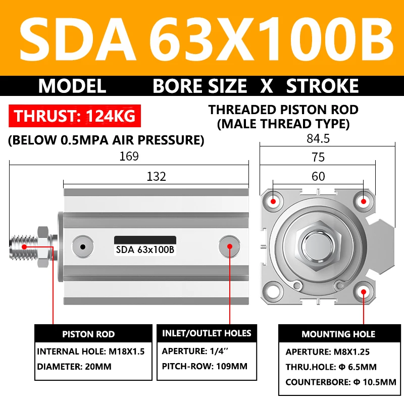 ABILKEEN SDA63X100B SDA Series Thin Air Cylinder 63MM Male Thread Bore X 100MM Stroke Double Acting Pneumatic Compact Cylinder